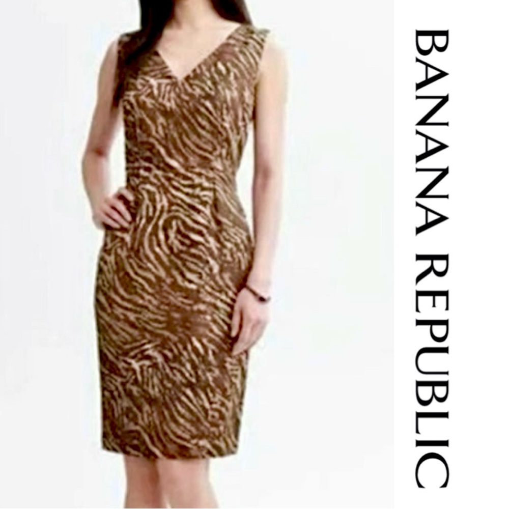 Banana Republic Brown Zebra Animal Print Shift V-Neck Sleeveless Midi Dress